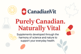 CanadianVit supplement brand logo with text and icons on a white background